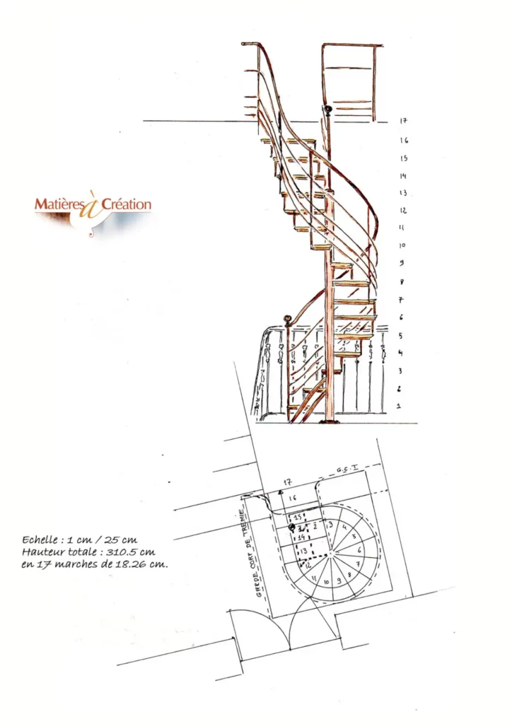 Dessin d'escalier en aquarelle vue de dessus et vue de profil