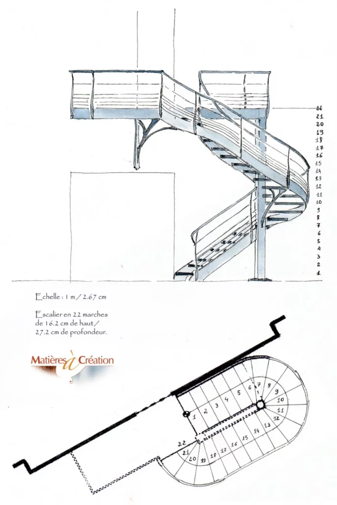 Dessin d'un escalier aquarelisé en fer forgé vue du dessu et déployé dans son profil avec garde-corps à l'étage style pont de bateau