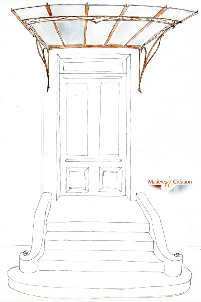 Dessin d'une marquise en fer forgé avec des volutes sur les équerres vue de face au dessus d'un péron aquarelle