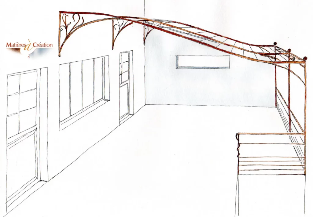 Dessin aquarelle d'une pergolas en fer forgé adossée à une façade et d'un garde-corps en fer forgé dans une cours intérieure vue de profils 