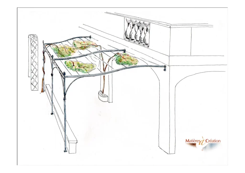 Dessin d'une pergolas vue de dessus et de coté adossé à une maison et aquarelisé
