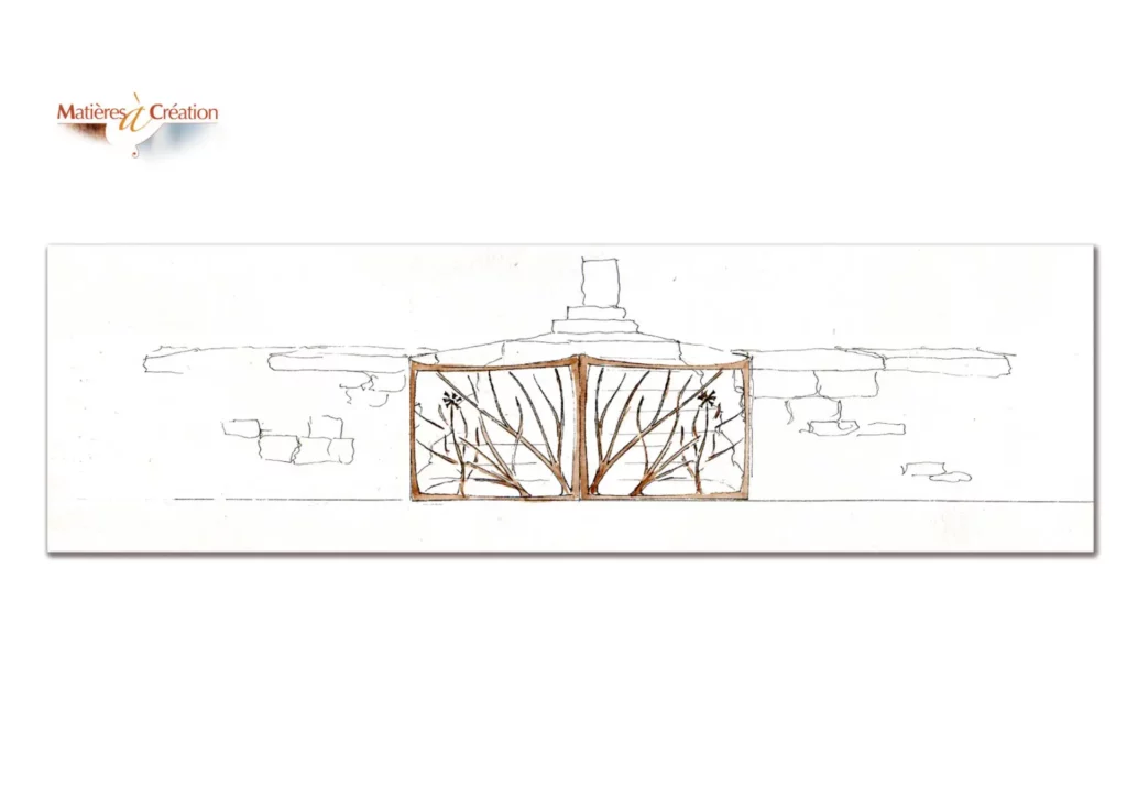 Dessin aquarelle d'un portillon en fer forgé avec motif de fleur devant un monument aux morts.
